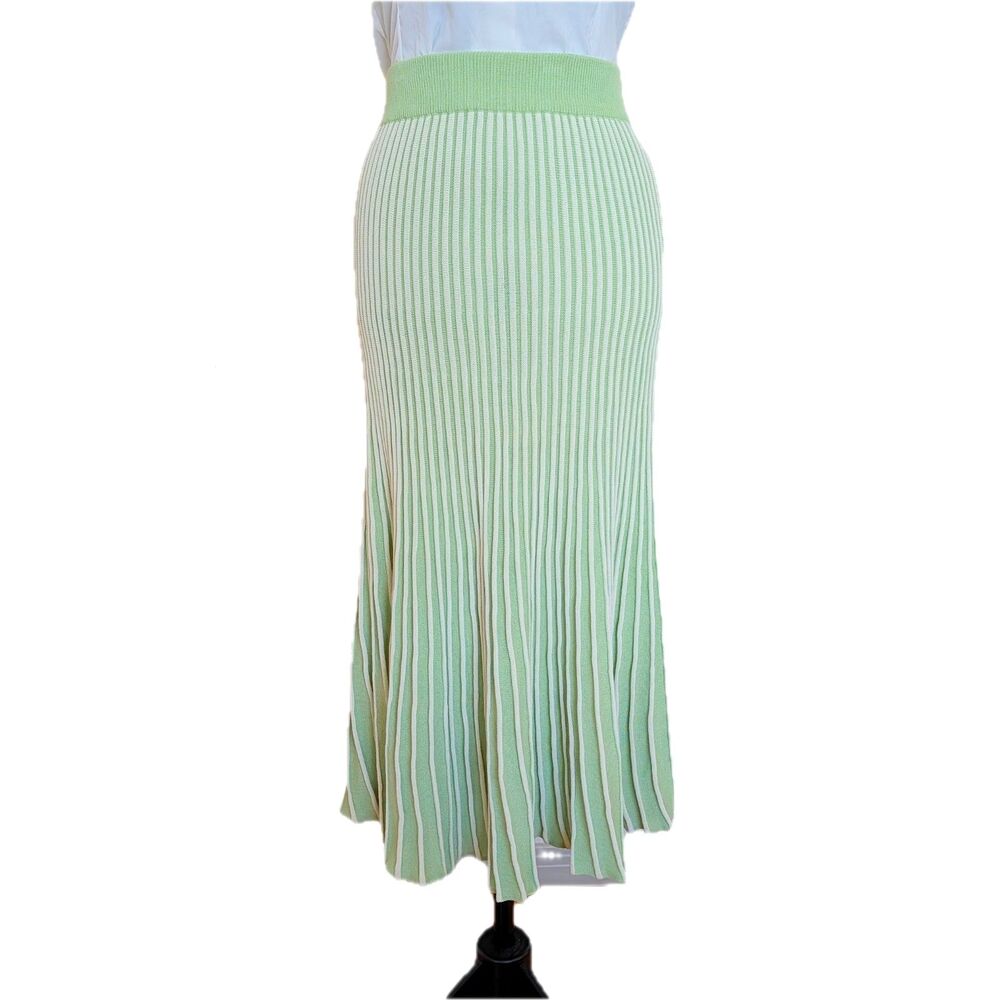 Ellison / Lulus Mint & Cream Stripe Ribbed Knit Maxi Trumpet Skirt, Sz S